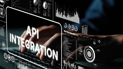 Fototapete - Hands Typing on Keyboard with API Integration Data Visualization and Statistics in Background for Technology Concepts. Asymptotic smart data analytic.
