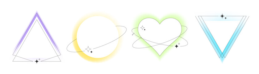 Poster - Geometric border shapes with colorful blur aura effects - green heart, blue triangle, yellow circle with soft gradient and outlines with sparkles for trendy y2k design frames decoration.