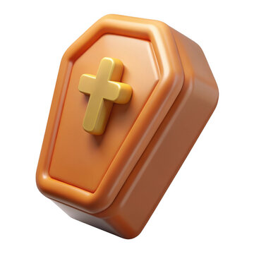 3d orange coffin with golden cross isolated on transparent background