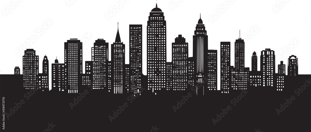 Black and white cityscape with tall buildings and illuminated windows ...