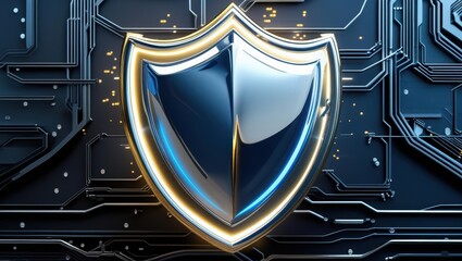 Poster - Futuristic digital shield icon with glowing edges on a high-tech circuit board background for cybersecurity technology concept