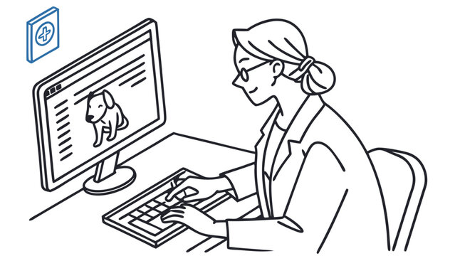 Woman searching for dog on computer for online pet information. Digital adoption and animal care concept illustration.
