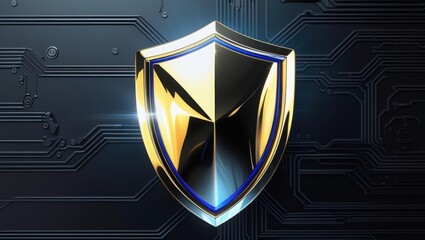 Poster - Highly detailed futuristic shield emblem with glowing accents and circuitry background symbolizing security protection technology and cybersecurity concept