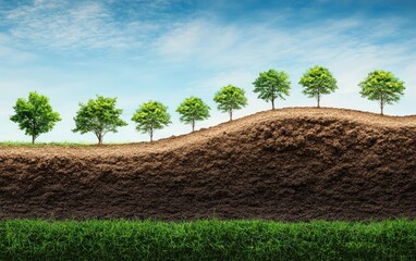 Fototapete - A row of trees growing in the shape and pattern of an upward-trending graph. On one side, there is green grass with a blue sky background, while on the other side, there is dry.