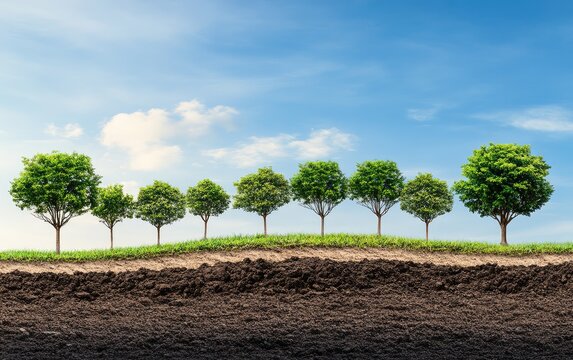 A row of trees growing in the shape and pattern of an upward-trending graph. On one side, there is green grass with a blue sky background, while on the other side, there is dry.