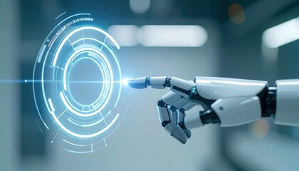 Poster - Futuristic robotic arm interacting with digital interface in high-tech laboratory or advanced technology environment with glowing holographic elements