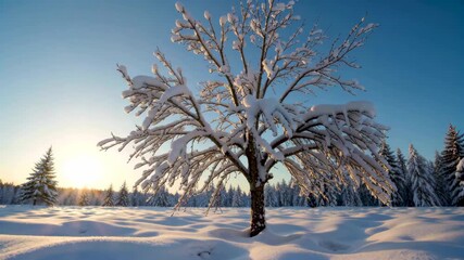 Wall Mural - snowy tree in a field with sun shining through the trees