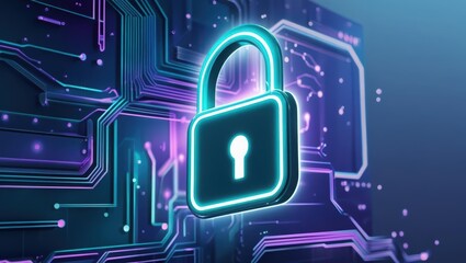 Poster - Futuristic digital security lock symbol with glowing neon outline on technological circuit background representing cybersecurity encryption and data protection