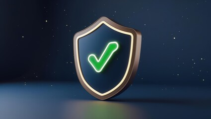 Poster - Digital shield icon with a green checkmark symbolizing cybersecurity protection and data security in a futuristic space background with glowing stars and a dark blue sky