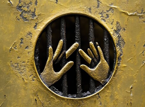 A symbol of the email logo in gold with prison bars behind it, set against an old, cracked wall background.