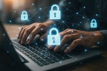 Poster - Cyber Security: A visual representation of digital security, featuring a person's hands working on a laptop with glowing padlock icons representing data protection and network security.