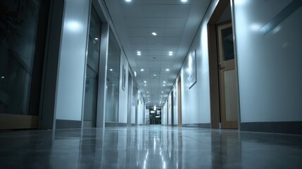 Poster - A contemporary hallway with modern lighting and polished floors, showcasing an inviting and clean architectural design.