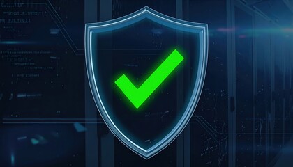 Poster - Digital Security Shield Icon with Bright Green Checkmark Representing Data Protection and Cybersecurity in a Modern Tech Environment