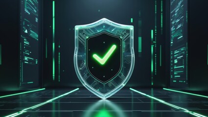 Poster - Futuristic security shield with check mark glowing in digital cityscape with neon green accents symbolizing safety protection and cybersecurity concept