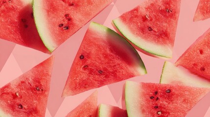 Poster - Colorful Watermelon Slices Arranged in a Geometric Pattern on a Clear Surface With Pink Background