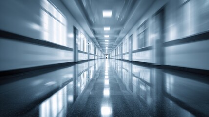 Poster - A modern, sleek corridor reflecting light, creating a sense of depth and space in a contemporary architectural design.