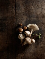 Poster - Collection of Assorted Mushrooms Arranged on Dark Wood Surface Showcasing Their Unique Textures and Colors in Natural Light