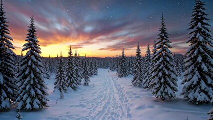 Wall Mural - snowy trees in a forest with a sunset in the background