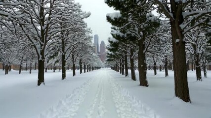 Wall Mural - snowy path in a park with trees and buildings in the background