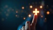 © EMADUL - a glowing orange plus sign being touched by a finger, surrounded by other subtle glowing plus signs. This symbolizes adding value, growth, a positive impact, or a new beginning.