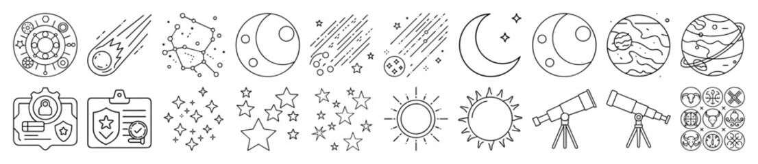 Wall Mural - Celestial Objects, Space, and Astronomy Outline Vector Icon Set