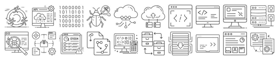 Web Development, Programming, and Cloud Computing Outline Vector Icon Set - representing various aspects of web development, programming, cloud computing, and digital security. Ideal for software