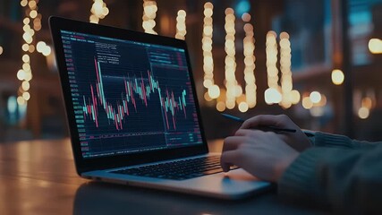 Aufkleber - Person analyzing financial data on a laptop with a blurred background of lights and hands on keyboard. Financial graph on the screen.