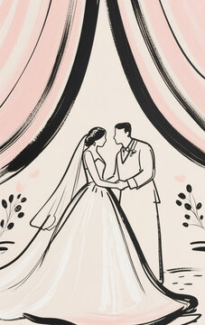Markers, acrylic painting, simple sketches, bold lines. Wedding background for wedding invitations. Romantic, aesthetic, and luxurious vibe.
