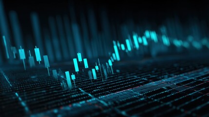 Poster - Abstract digital finance chart showing market trends with glowing blue bars and grid lines on a dark background.