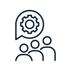 Poster - Group of specialists, speech bubble, gear. Technical support service. Vector linear icon isolated on white background.
