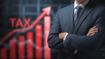 Poster - Businessman analyzes tax growth with confidence, displaying financial trends on a digital screen, symbolizing success.