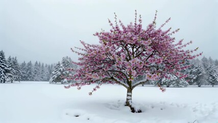 Wall Mural - there is a tree that is in the snow with pink flowers