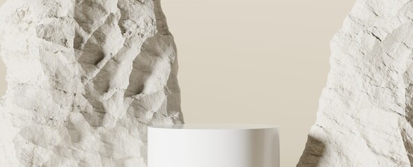 Fototapete - 3D Rendering. Title: Minimalist Product Display with Organic Stone Elements and Neutral Beige Background.