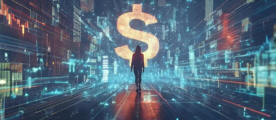 Poster - Silhouette of a person walking towards a glowing dollar sign amidst a digital cityscape. Futuristic and financial concept. Blue and orange color scheme.