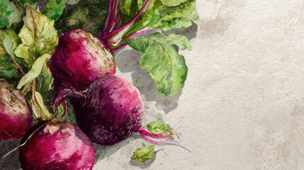 Poster - Rustic Watercolor Artwork Featuring Beetroot and Lush Green Leaves With an Open Top-Left Corner Showcasing Vibrant Colors