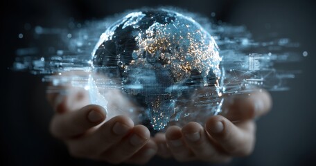 Poster - Digital representation of Earth held in hands on a dark background