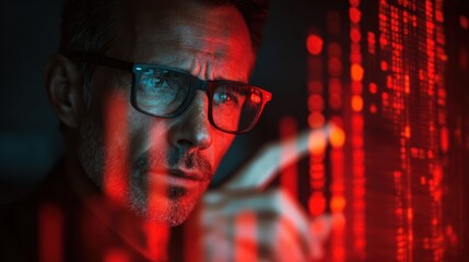 Poster - Focused man with glasses analyzing data on digital screen, immersed in technology and innovation.