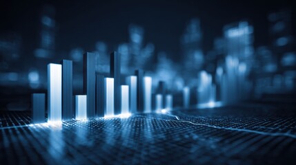 Fototapete - Futuristic data visualization with bar graphs and glowing data points on a digital interface, representing analytics.
