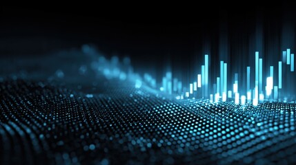 Poster - Futuristic digital wave with glowing blue particles and bars, representing data visualization and technology.