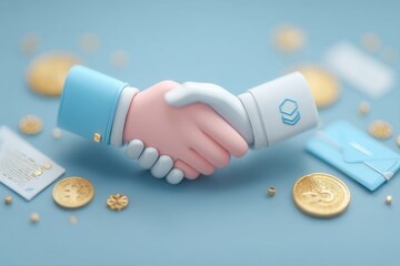 Poster - Digital handshake symbolizing blockchain cooperation and cryptocurrency innovation on blue background