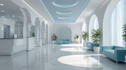 Poster - Modern interior design featuring sleek lines and natural light in a spacious lobby with seating and plants.
