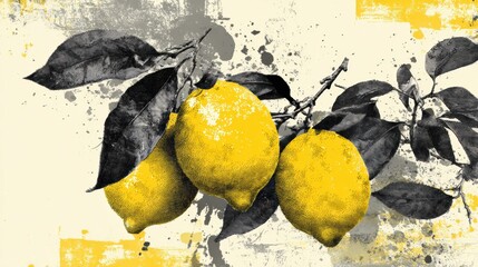 Poster - Layered Digital Collage Showcasing Vibrant Lemons With Ink Splatter Effects and a Blank Top Section for Creative Design