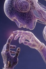 Poster - Futuristic Wireframe Robotic Hands Reaching Out Against a Vibrant Background
