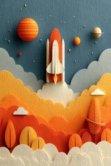 Wall Mural - paper art space shuttle launch with celestial backdrop and vibrant orange clouds