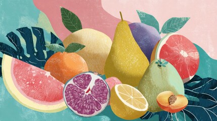 Poster - Colorful Collage of Fruits Featuring Paper-Cut Textures in Pastel Tones With Negative Space on the Left Side