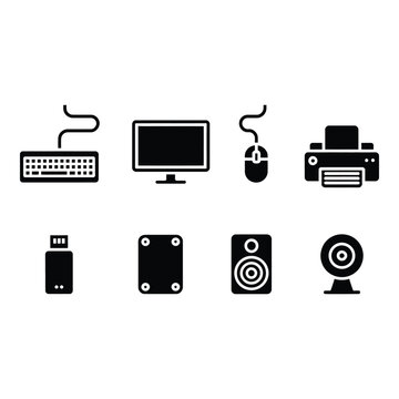 Collection of computer peripherals and accessories silhouette isolated on white background