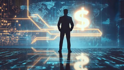 Poster - Silhouette figure standing before a digital currency symbol glowing neon background futuristic finance
