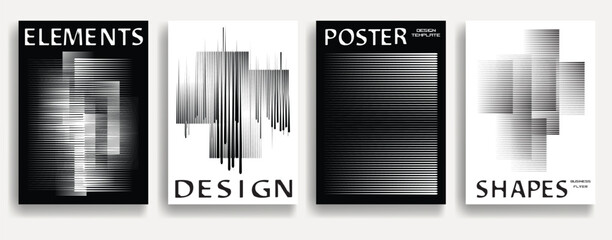 Poster - Modern posters with speed lines. Vector design composition with various geometric shapes . Abstract contemporary art . Vector art ideal for media, ads, covers, brochures, banners. Black and white.