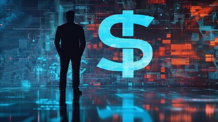Poster - Silhouette figure with dollar sign on digital background symbolizing finance. Blue and orange hues create a tech-driven atmosphere.