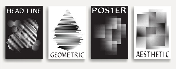 Poster - Modern posters with speed lines. Vector design composition with various geometric shapes . Abstract contemporary art . Vector art ideal for media, ads, covers, brochures, banners. Black and white.